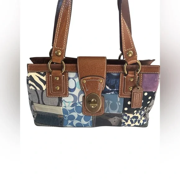 Coach Blue Patchwork and Tan Leather Tote Shoulder Handbag - Picture 2 of 15